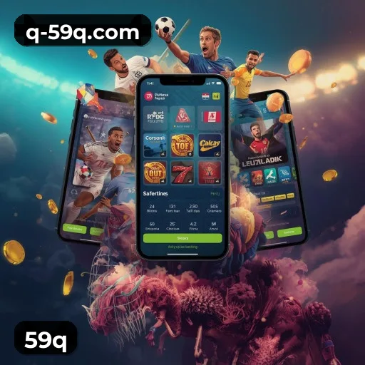 App 59q para iOS e Android — interface mobile, login biométrico e PIX integrado